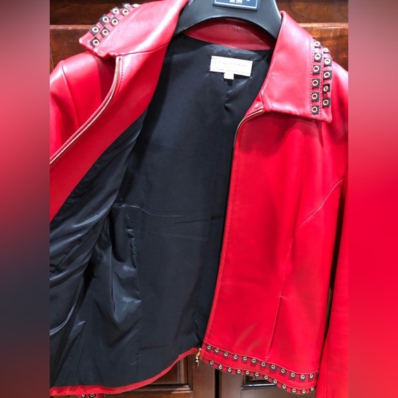 HP🎉 St John Sport by Marie Grey 100% Red Leather Grommet Full Zip Jacket Sz P - Picture 9 of 12